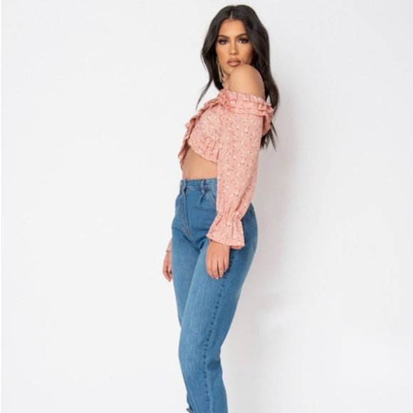 Pink Floral Print Long Sleeve Cold Shoulder Ruffle Crop Top - Picture 10 of 16
